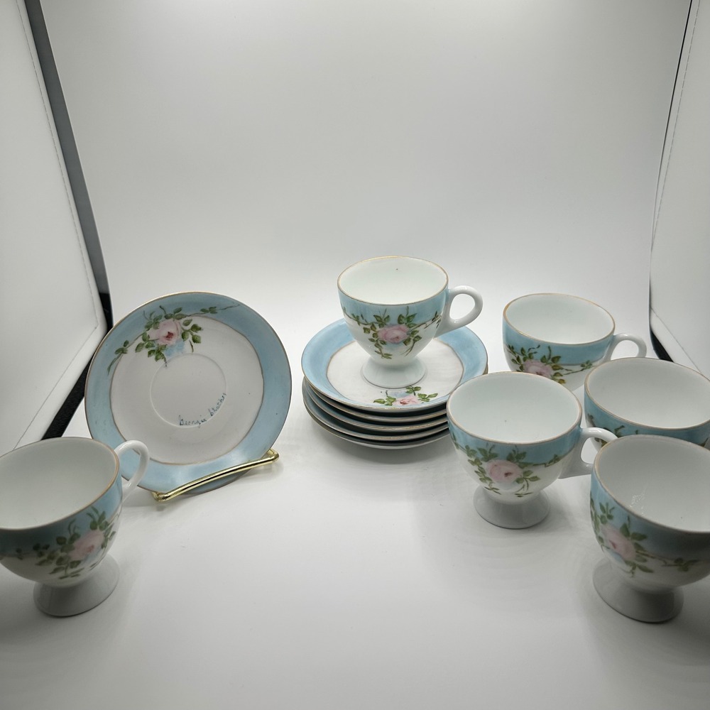 Georgia Stather Hand Painted Rose Porcelain Tea Cup and Saucer Set Blue Gold Rim